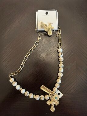 Gold and Cream Beaded Cross Pendant Necklace and earrings